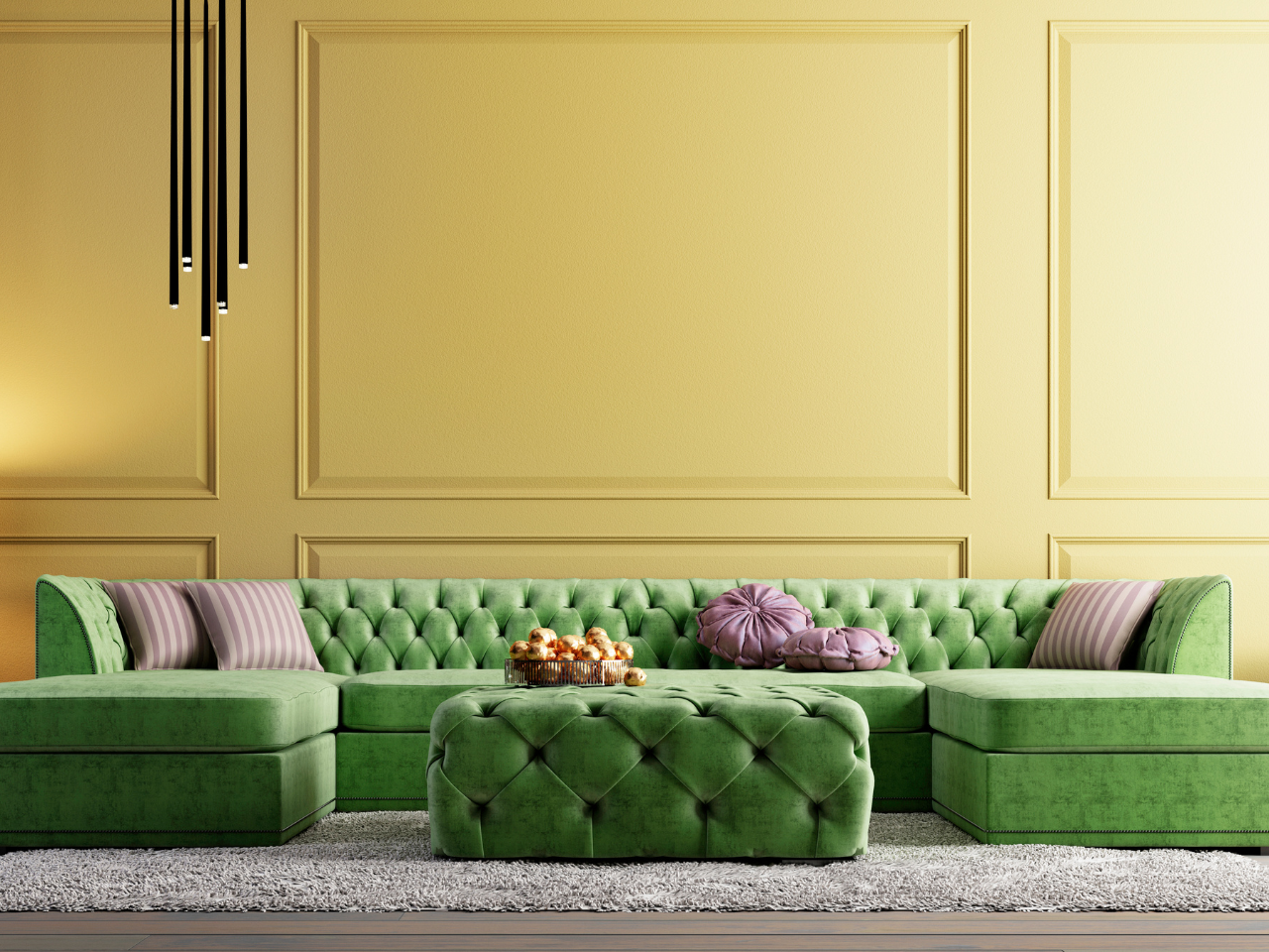 Living room with green velvet sofa and purple accents, showcasing bold and unexpected colour combinations for 2025 Paint Trends