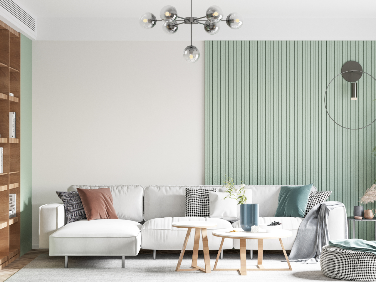 White-on-white living room with soft green accent wall and minimalist textures, reflecting 2025 Paint Trends and subtle design twists