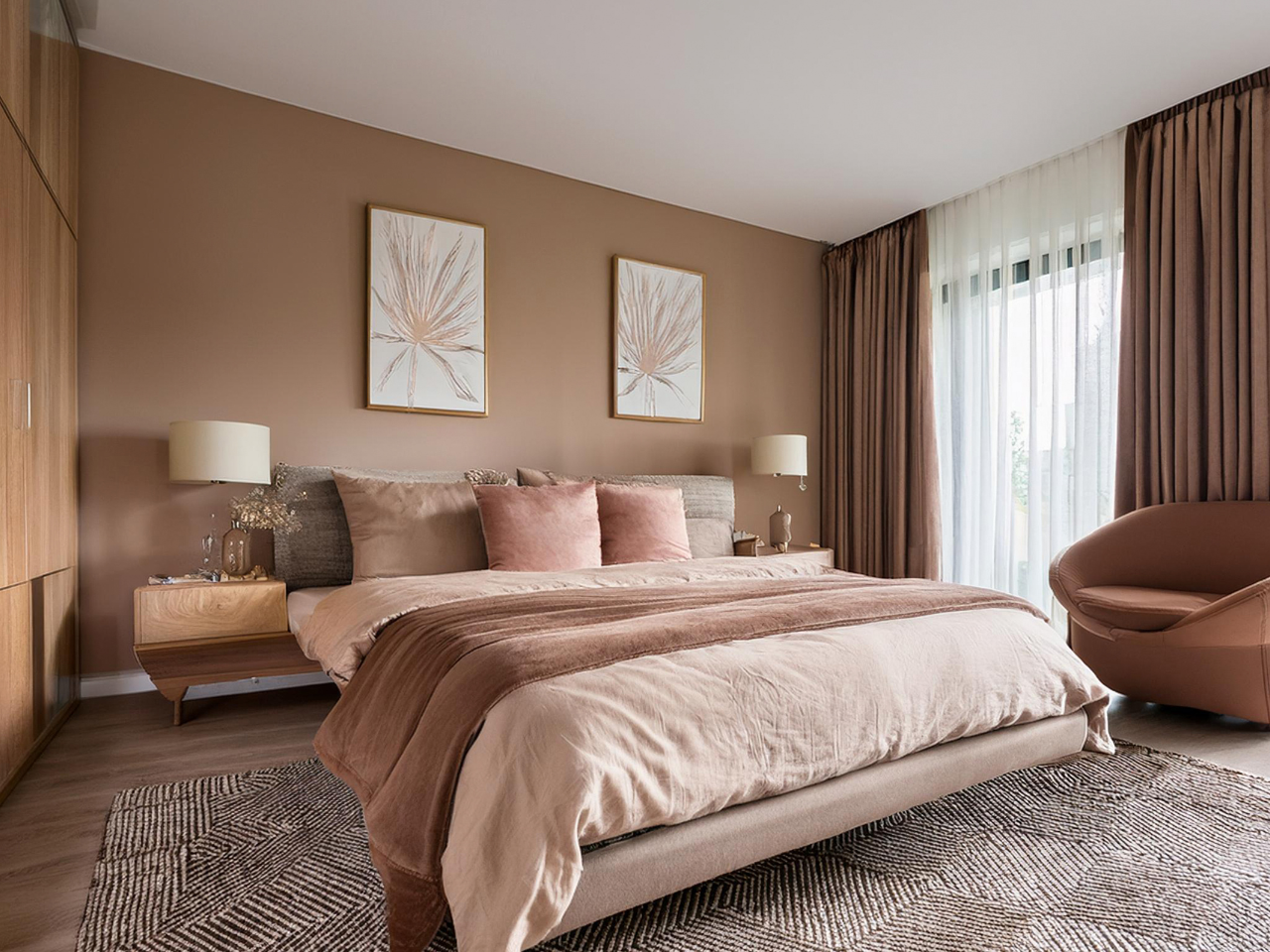 Bedroom featuring Pantone’s Mocha Mousse colour palette with warm neutral tones, showcasing 2025 Paint Trends