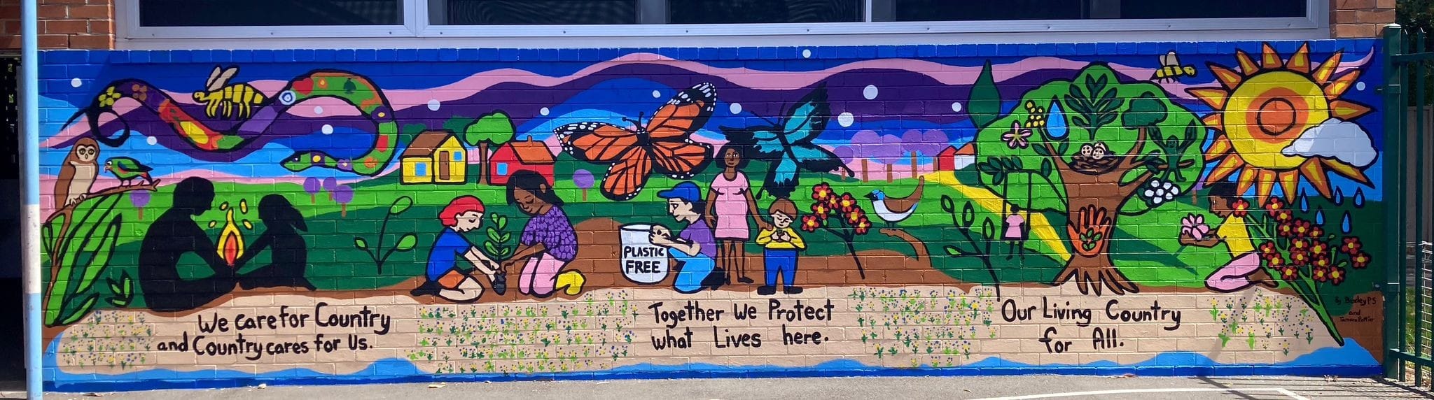 Full view of the completed “Our Living Country” Bexley Public School mural created for the Paint Australia Beautiful program