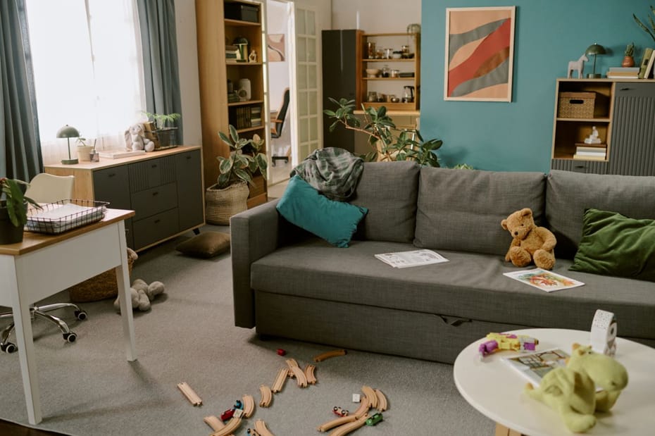 Busy family living room illustrating how room use can influence the right paint finish